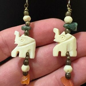 ELEPHANT AMBER JADEITE gemstone vintage drop dangle earring handmade